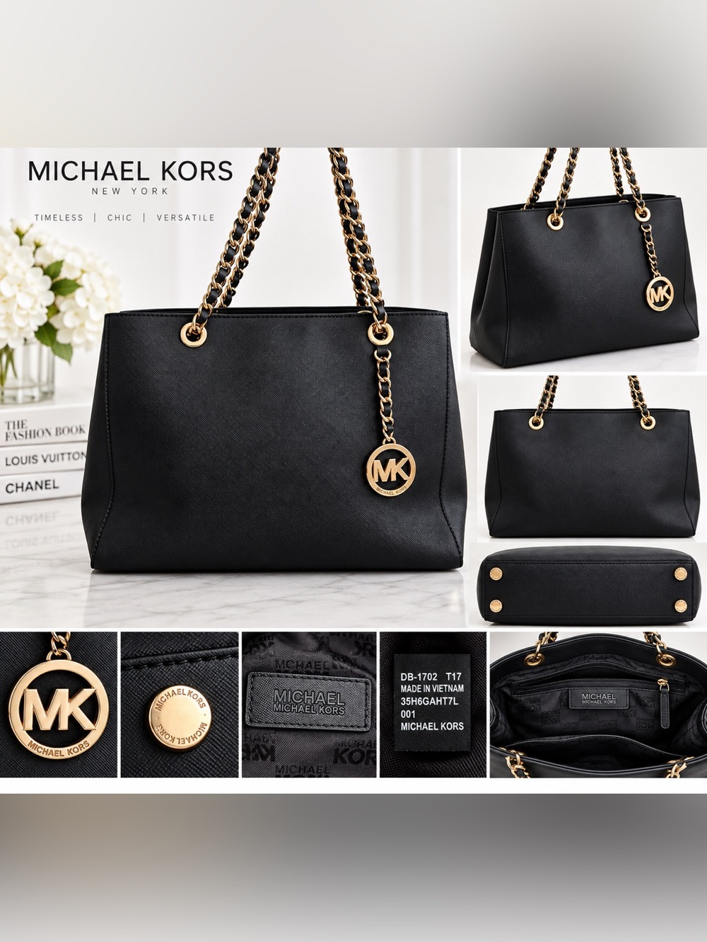 Michael Kors Black Saffiano Tote Bag Gold Chain Straps MK Logo Charm